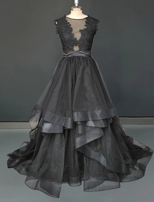 Engagement Gothic Black Wedding Dresses Formal Fall A-Line Illusion Neck Sleeveless Sweep / Brush Train Lace Bridal Gowns With Appliques Cascading Ruffles Halloween Wedding Party