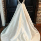 White Satin Plunging Neck Bow-Back A-Line Long Wedding Dress V-neck