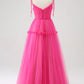 A-Line Ruffled Long Tulle Prom Dress Off Shoulder Pure Color