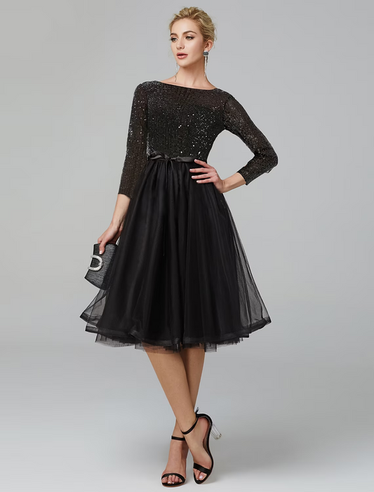 A-Line Cocktail Dresses Sparkle & Shine Dress Formal Tea Length 3/4 Length Sleeve Jewel Neck Tulle with Sequin