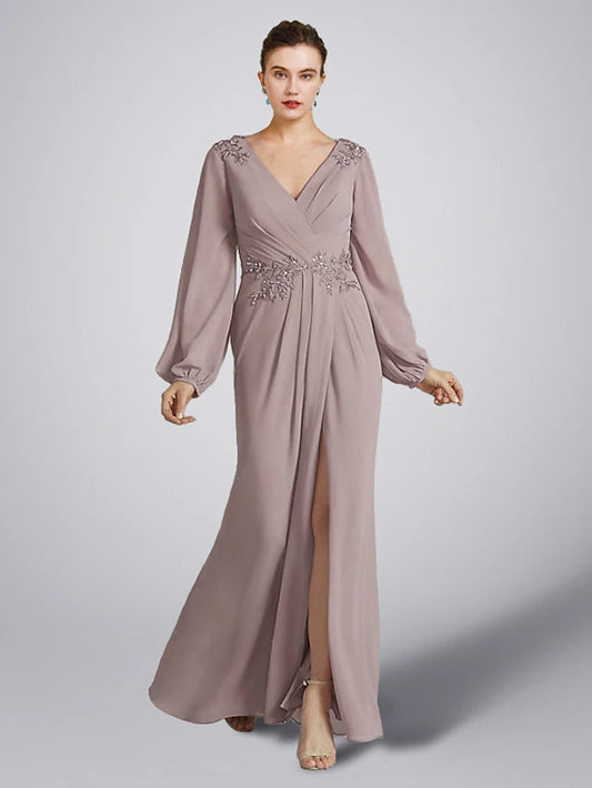 A-Line Mother of the Bride Dress Plus Size Elegant V Neck Floor Length Chiffon Long Sleeve