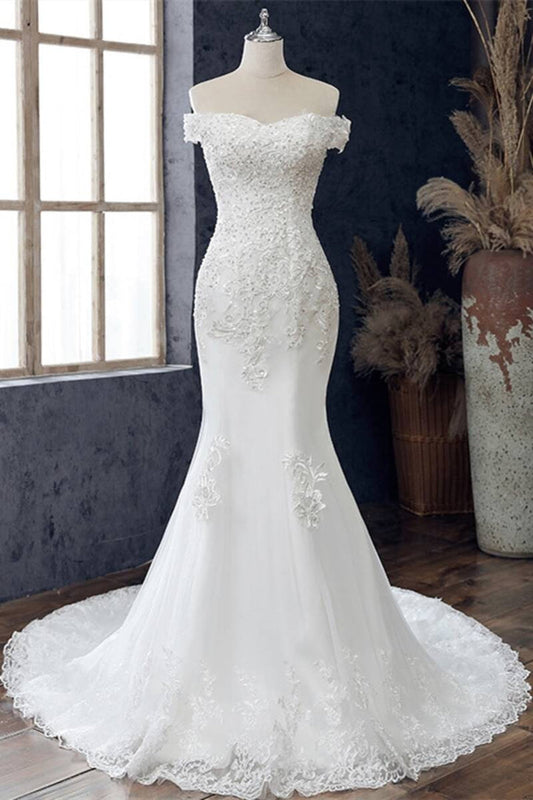 White Beaded Embroidered Off-the-Shoulder Wedding Dress Beautiful