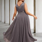 Two Piece A-Line Wedding Guest Dresses Plus Size Hide Belly Elegant Dress Formal Tea Length Sleeveless V Neck Chiffon