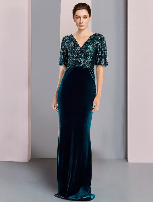 Sheath / Column Mother of the Bride Dress Formal Wedding Guest Elegant Vintage V Neck Sweep / Brush Train Sequined Velvet Half Sleeve with Color