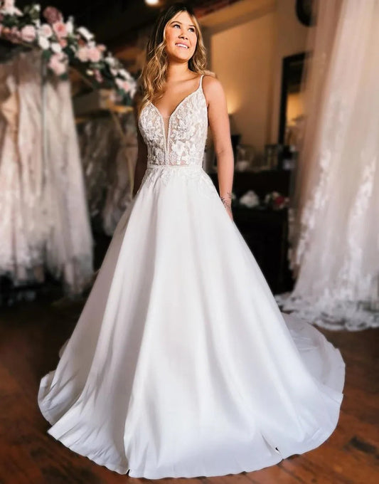 A-Line Spaghetti Straps Open Back Wedding Dress V-neck Sexy Long