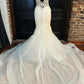 White Tulle Floral Lace Trumpet Long Wedding Dress V-neck Open Back