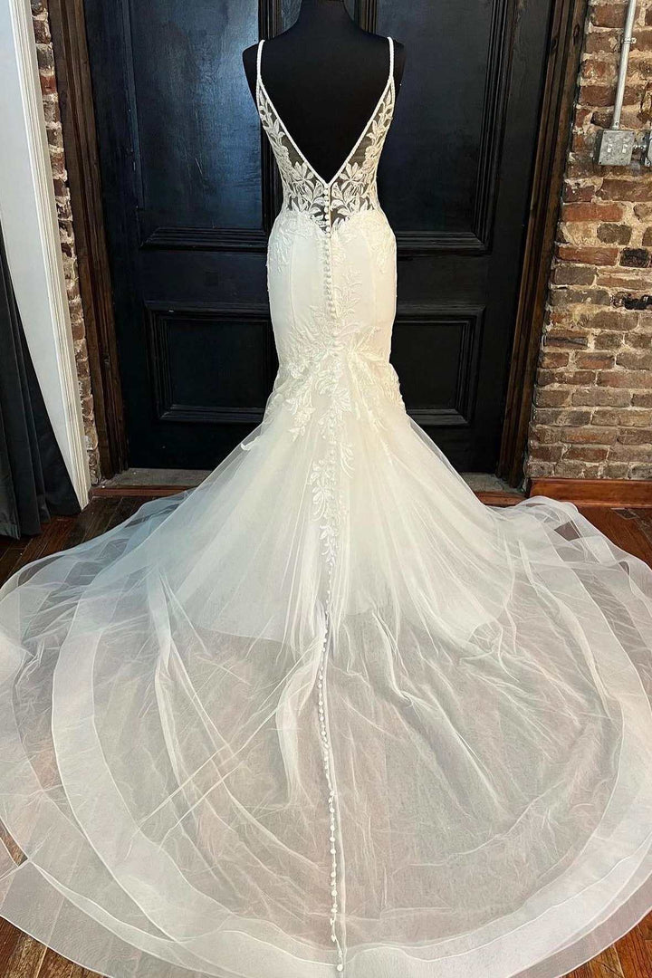 White Tulle Floral Lace Trumpet Long Wedding Dress V-neck Open Back