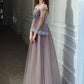 A-Line Minimalist Elegant Party Wear Prom Dress Off Shoulder Long Sleeve Floor Length Tulle