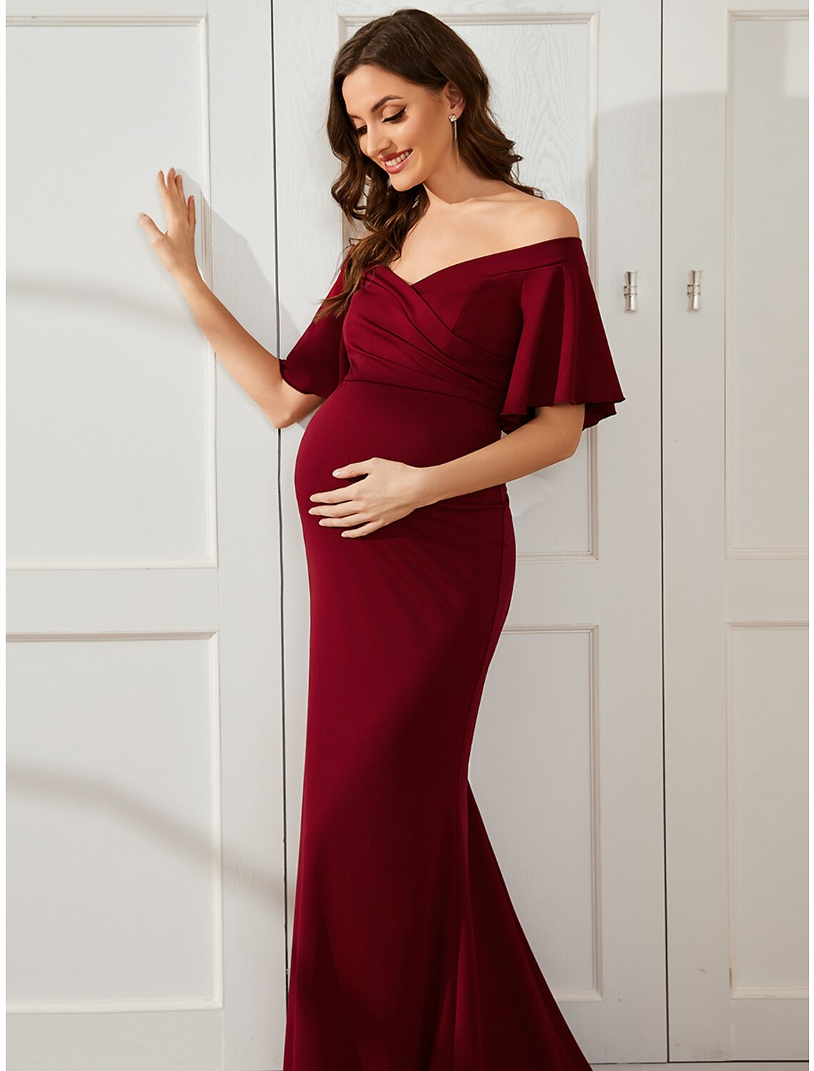 Mermaid / Trumpet Maternity Dresses Maternity Dress Formal Court Train Short Sleeve Off Shoulder Stretch Fabric with Ruched