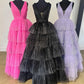 Ball Gown V Neck Tulle Tiered Prom Dresses With Slit Floor Length Sparkly