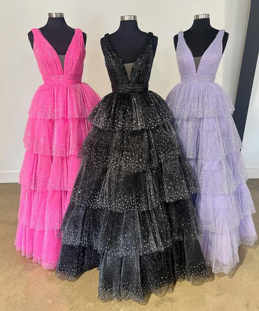 Ball Gown V Neck Tulle Tiered Prom Dresses With Slit Floor Length Sparkly