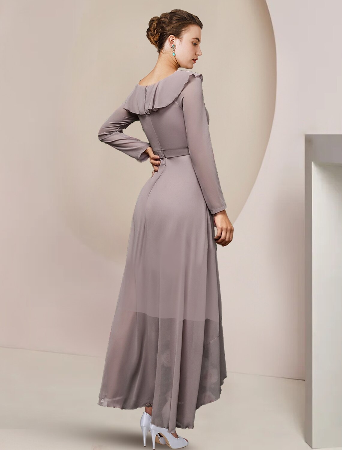 A-Line Mother of the Bride Dress Wedding Guest Elegant V Neck Asymmetrical Ankle Length Chiffon Long Sleeve with Ruffles