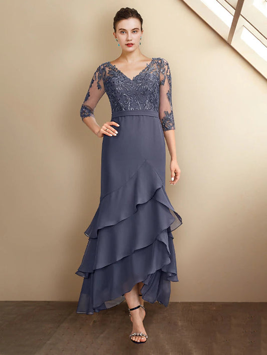 A-Line Mother of the Bride Dress Plus Size Elegant High Low V Neck Asymmetrical Ankle Length Chiffon Lace 3/4 Length Sleeve with Sequin Appliques Cascading