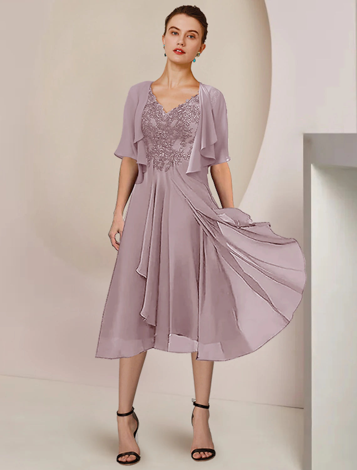 Two Piece A-Line Mother of the Bride Dress Formal Wedding Guest Elegant V Neck Asymmetrical Tea Length Chiffon Lace Short Sleeve Wrap Included with Pleats