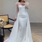 Mermaid Sequin Evening Gown Ruched Satin Dress Long Sleeves Floor Length Sparkle Illusion Neck Fall Wedding Guest Dress with Pearls