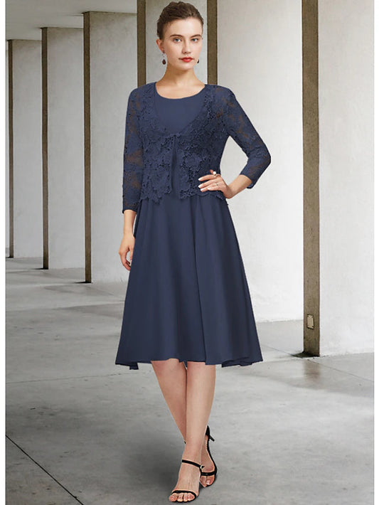 Two Piece A-Line Mother of the Bride Dress Elegant Jewel Neck Knee Length Chiffon Lace 3/4 Length Sleeve with Bow(s)