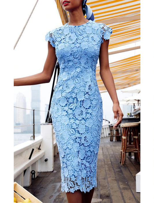 Sheath / Column Cocktail Dresses Vintage Dress Wedding Guest Tea Length Short Sleeve Jewel Neck Lace with Lace Insert