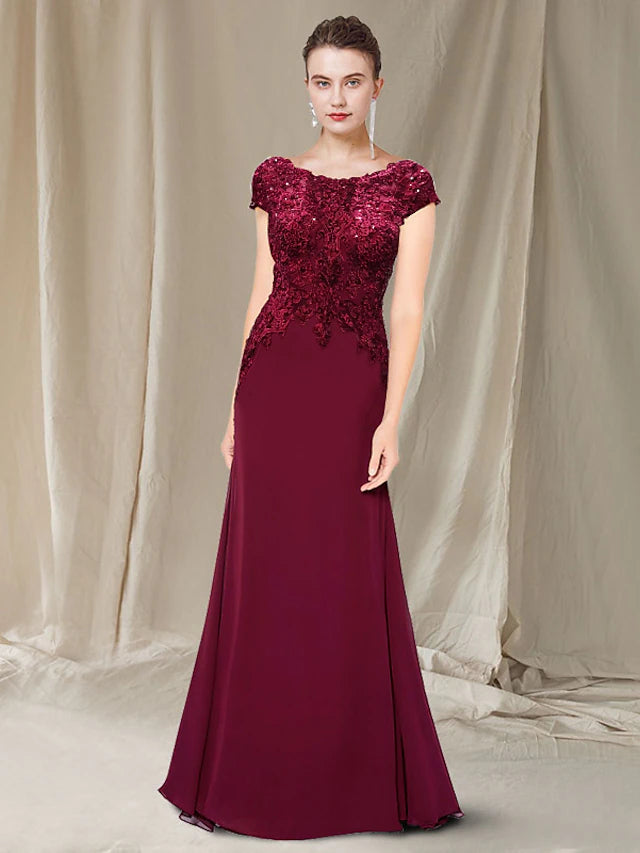 A-Line Mother of the Bride Dress Elegant Jewel Neck Sweep / Brush Train Chiffon Lace Short Sleeve