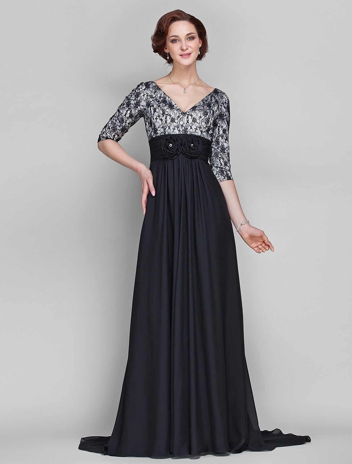 A-Line Mother of the Bride Dress Vintage Inspired V Neck Sweep / Brush Train Chiffon Lace Half Sleeve with Lace Ruched