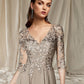 A-Line Mother of the Bride Dress Wedding Guest Plus Size Elegant V Neck Floor Length Chiffon Lace Half Sleeve with Pleats