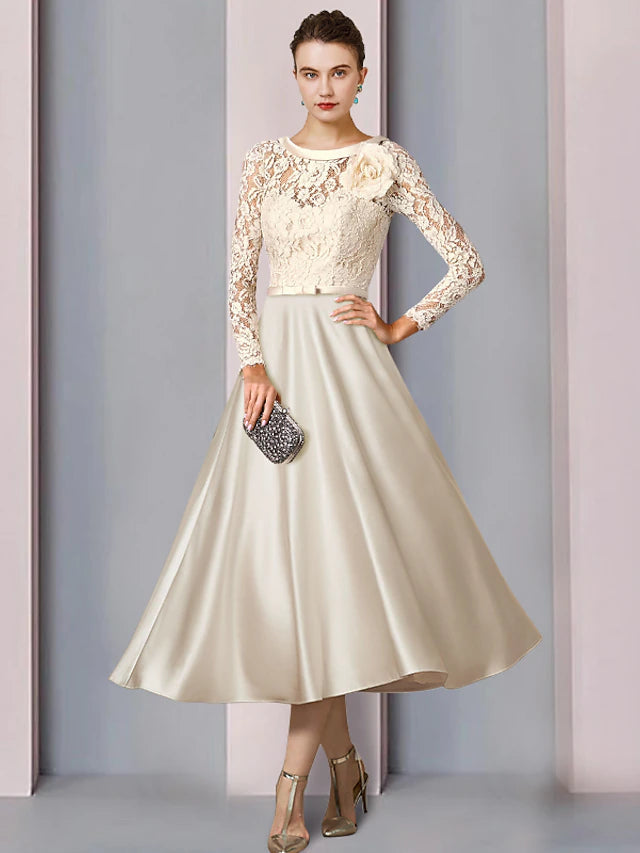 A-Line Mother of the Bride Dress Wedding Guest Elegant Jewel Neck Tea Length Satin Lace Half Sleeve with Bow(s) Pleats