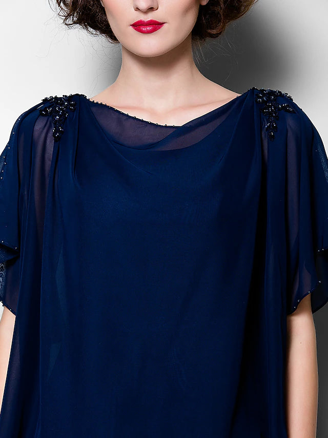 A-Line Mother of the Bride Dress Plus Size Elegant Cowl Neck Tea Length Chiffon Short Sleeve with Ruffles Crystal