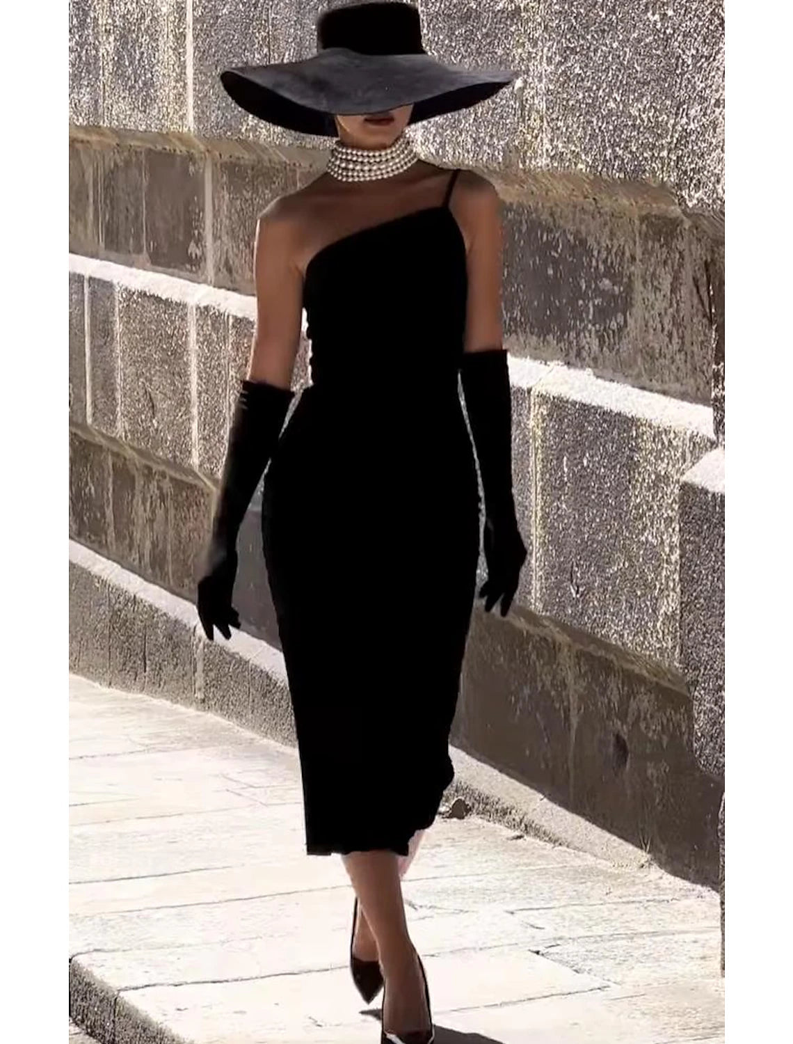 Sheath / Column Cocktail Dresses 1950s Dress Evening Party Tea Length Sleeveless One Shoulder Stretch Fabric