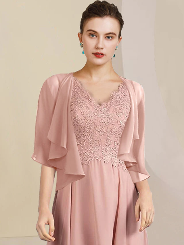 Two Piece A-Line Mother of the Bride Dress Formal Wedding Guest Elegant High Low V Neck Asymmetrical Tea Length Chiffon Lace Short Sleeve Wrap Included with Pleats