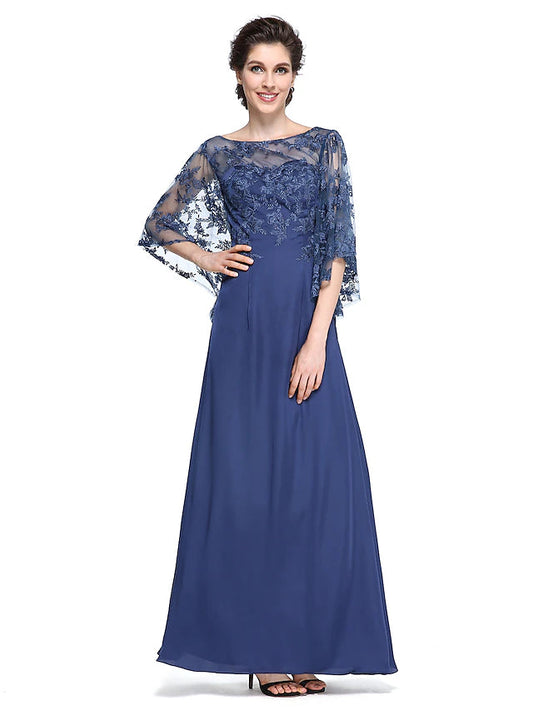 Sheath / Column Mother of the Bride Dress Elegant See Through Bateau Neck Ankle Length Chiffon Lace Half Sleeve