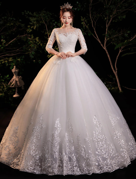 Reception Formal Wedding Dresses Ball Gown Illusion Neck Half Sleeve Floor Length Lace Bridal Gowns
