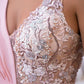 Pink V-neck A-line slit sparkling sleeveless long evening dress Sexy