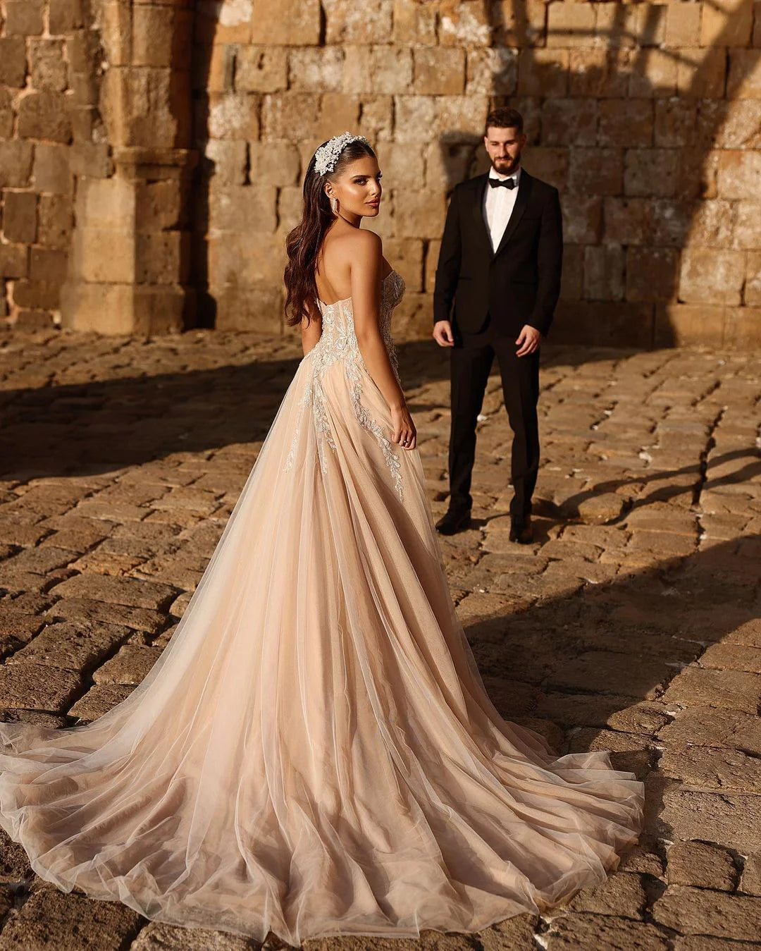 Champagne Wedding Dress Sweetheart A Line Beaded Tulle Bridal Gown With Appliques And Slit Off Shoulder