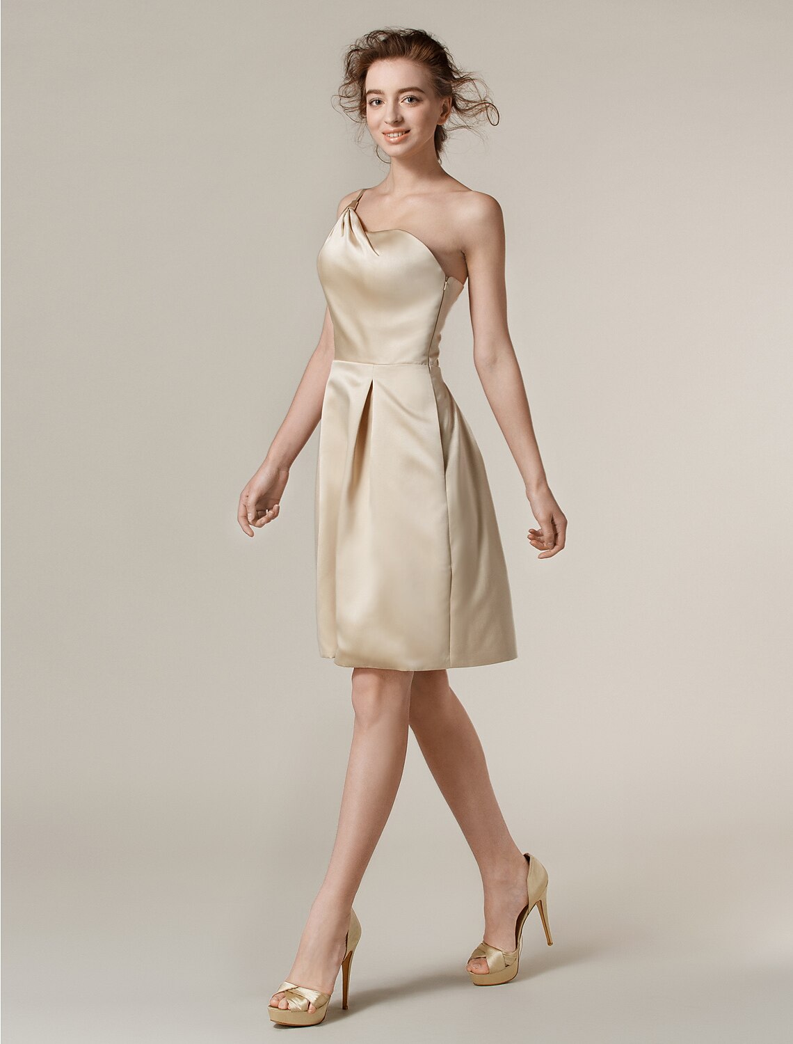 A-Line One Shoulder Knee Length Satin Bridesmaid Dress with Draping