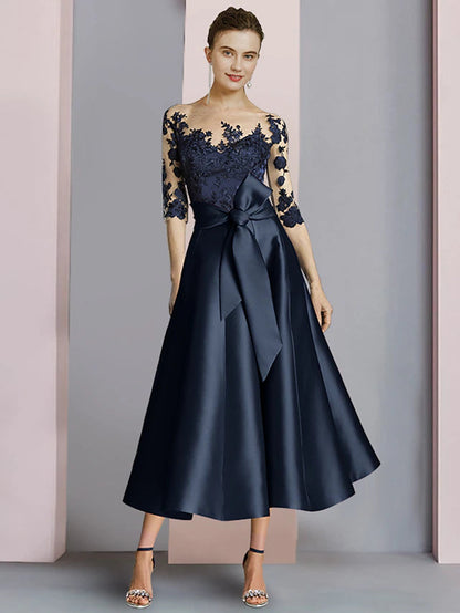 Sheath / Column Mother of the Bride Dress Party Elegant Scoop Neck Ankle Length Satin Lace Half Sleeve