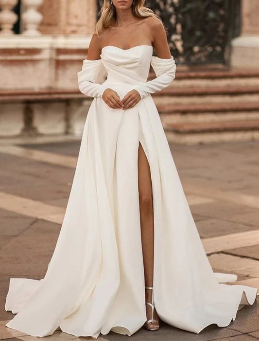 Hall Casual Wedding Dresses A-Line Off Shoulder Long Sleeve Court Train Satin Bridal Gowns With Split Front