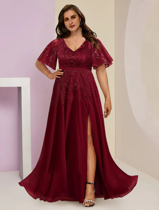 Mother of the Bride Dresses Plus Size Curve Hide Belly Wedding Guest Elegant Sparkle & Shine V Neck Floor Length Chiffon Lace Sequined Short Sleeve with Pleats Split