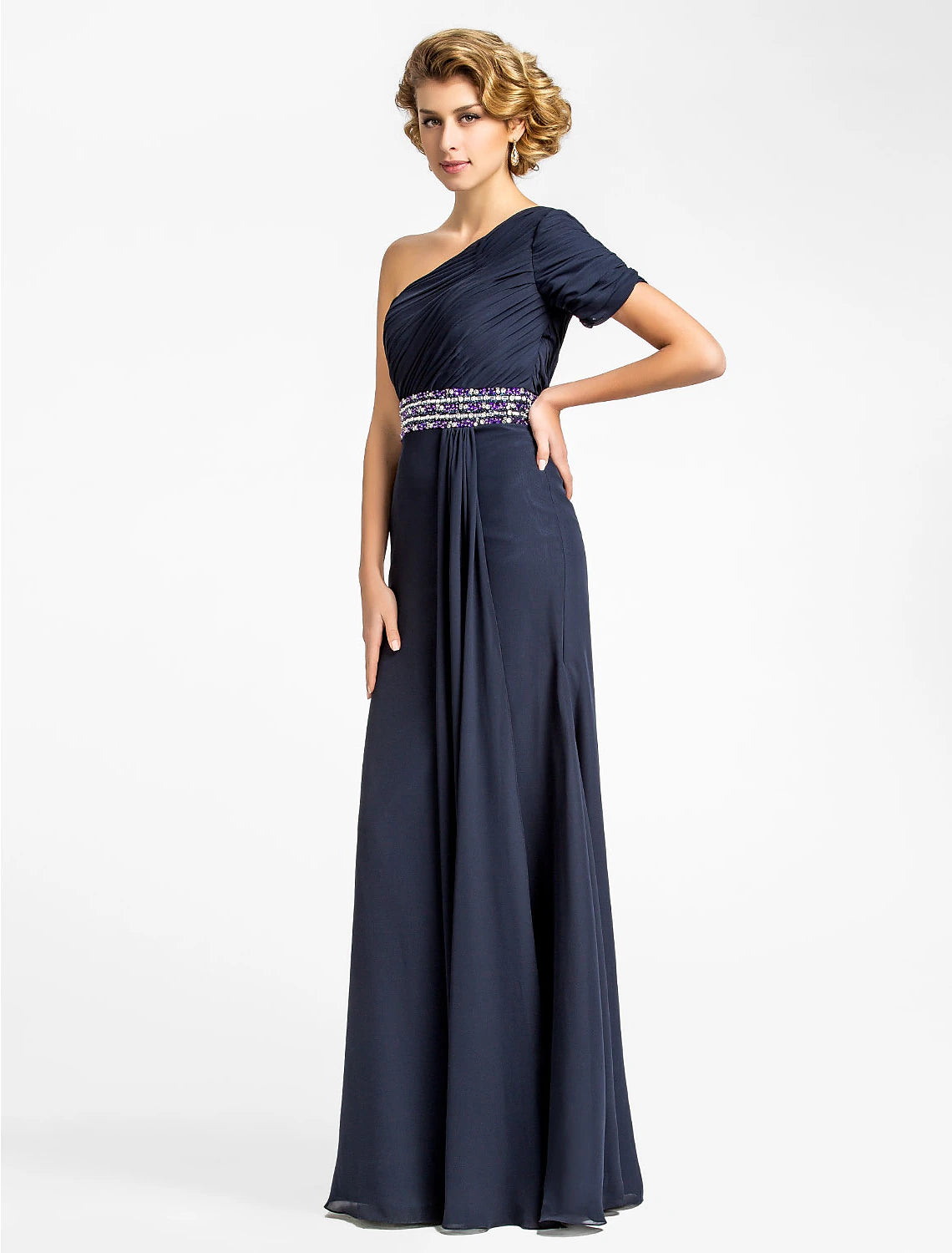 Sheath / Column Mother of the Bride Dress Sparkle & Shine One Shoulder Floor Length Chiffon Short Sleeve with Beading Draping Side