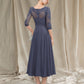 A-Line Mother of the Bride Dress Elegant Jewel Neck Tea Length Chiffon Lace Half Sleeve with Pleats