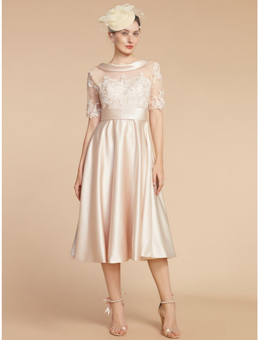 A-Line Mother of the Bride Dress Wedding Guest Elegant Petite Scoop Neck Knee Length Satin Lace Half Sleeve with Appliques Ruching