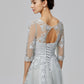 A-Line Empire Dress Wedding Guest Prom Floor Length Half Sleeve Illusion Neck Tulle with Bow(s)