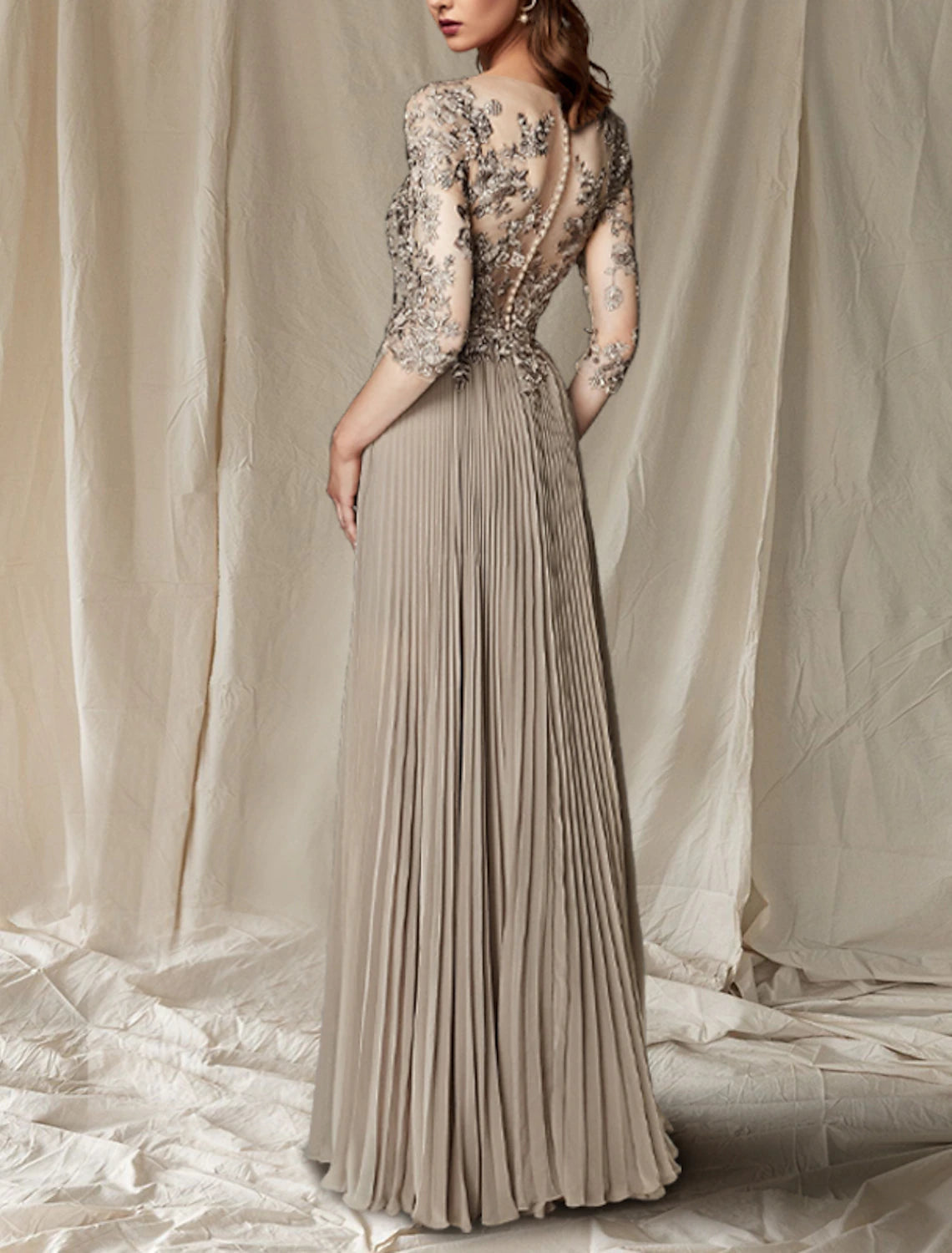 A-Line Mother of the Bride Dress Wedding Guest Plus Size Elegant V Neck Floor Length Chiffon Lace Half Sleeve with Pleats