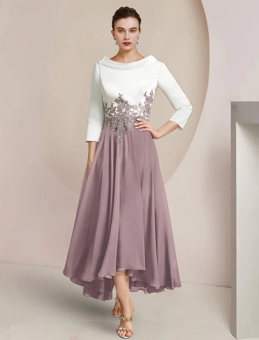 A-Line Mother of the Bride Dress Formal Wedding Guest Elegant High Low Scoop Neck Asymmetrical Tea Length Chiffon Satin Lace 3/4 Length Sleeve with Pleats Appliques