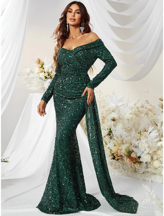 Mermaid / Trumpet Evening Gown Sparkle & Shine Dress Formal Cocktail Party Sweep / Brush Train Long Sleeve Off Shoulder Polyester
