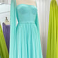 A-Line Evening Gown Elegant Cape Green Dress Formal Fall Floor Length Long Sleeve Square Neck Chiffon Party Dresses