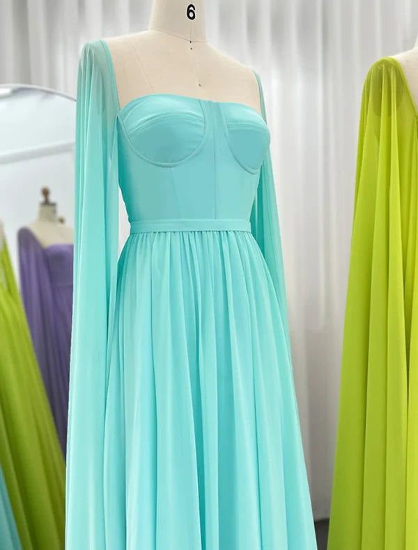 A-Line Evening Gown Elegant Cape Green Dress Formal Fall Floor Length Long Sleeve Square Neck Chiffon Party Dresses