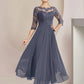 Two Piece A-Line Mother of the Bride Dress Formal Wedding Guest Elegant Scoop Neck Tea Length Chiffon Lace 3/4 Length Sleeve Wrap Included with Appliques