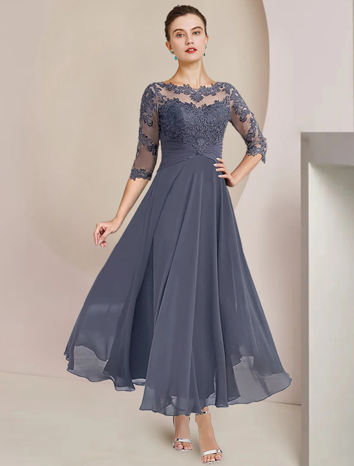 Two Piece A-Line Mother of the Bride Dress Formal Wedding Guest Elegant Scoop Neck Tea Length Chiffon Lace 3/4 Length Sleeve Wrap Included with Appliques