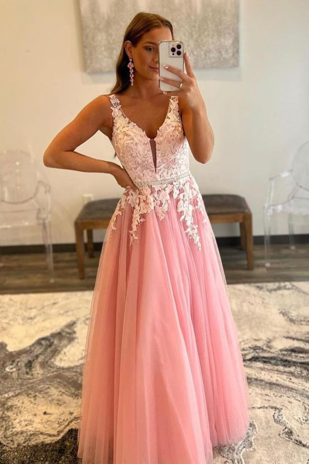 A-Line Appliques Tulle Prom Dress V-neck Open Back Beautiful