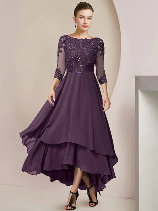 A-Line Mother of the Bride Dress Formal Wedding Guest Elegant High Low Scoop Neck Asymmetrical Tea Length Chiffon Lace 3/4 Length Sleeve with Sequin Tier