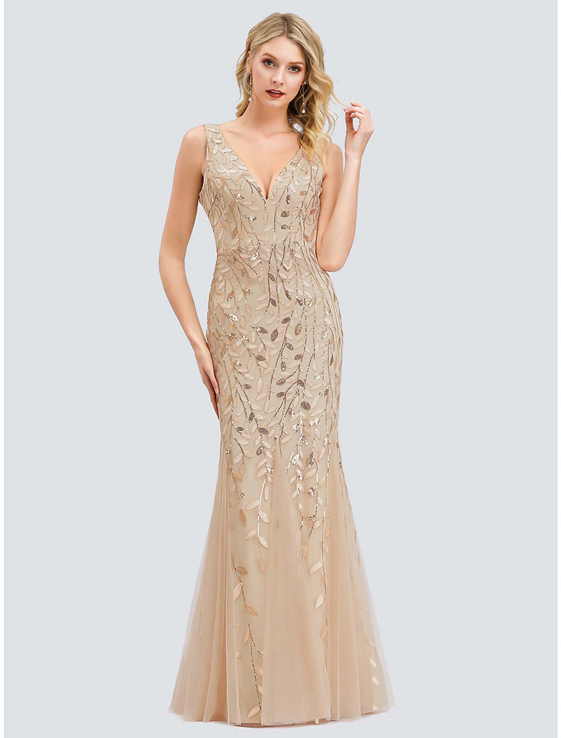 Mermaid / Trumpet Sparkle Sexy Prom Formal Evening Valentine's Day Dress V Neck V Back Sleeveless Floor Length Tulle with Sequin